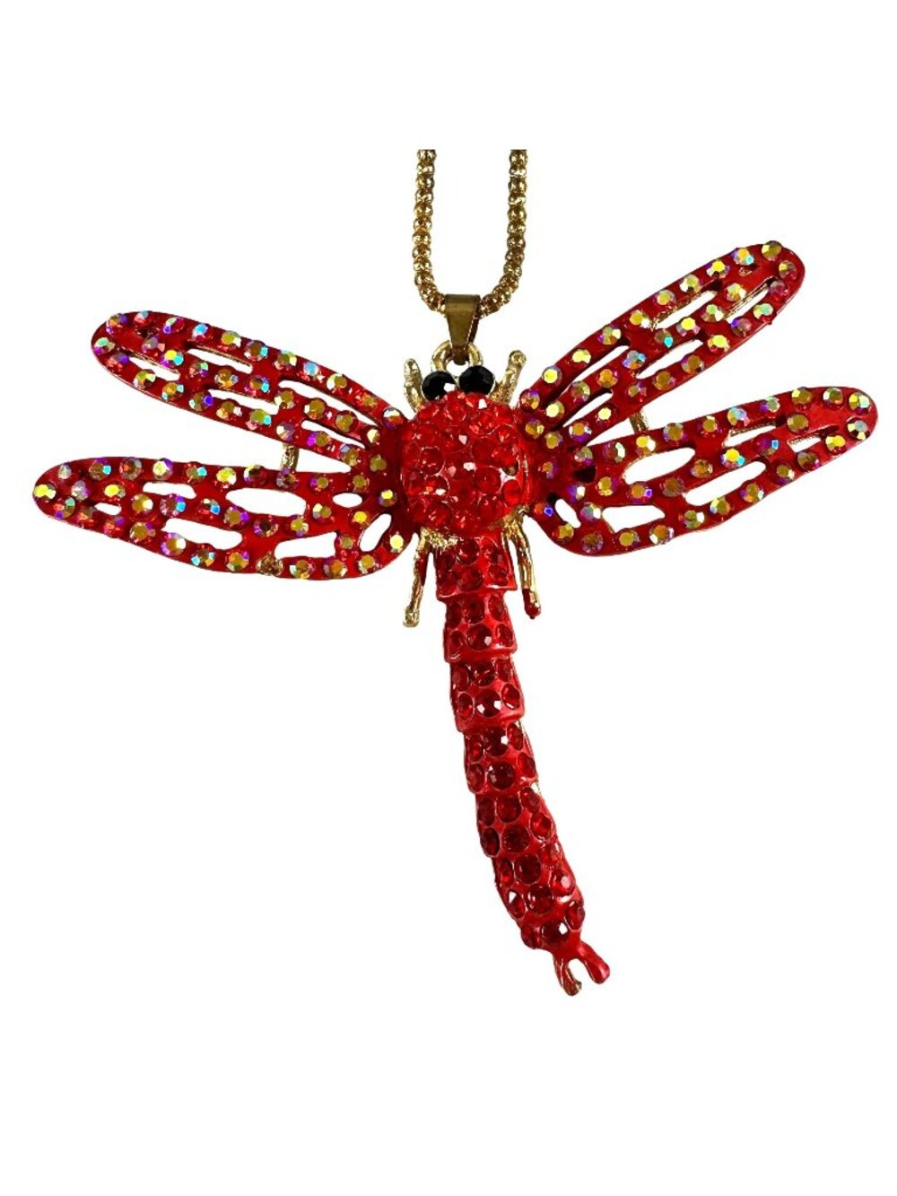 Red Crystal Dragonfly Pendant Necklace Gold Tone Chain